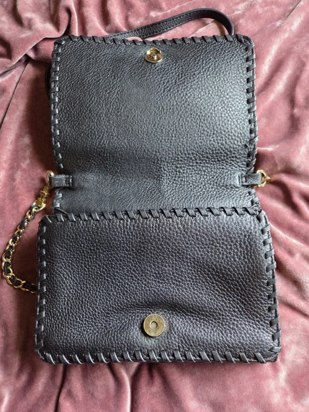 Tory Burch Marion Combo Crossbody Purse - Black Pebbled Leather Whipstitch